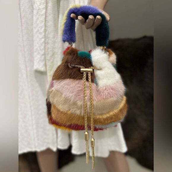 Handmade Color-block Genuine Mink Fur & Drawstring Bucket Bag Includes 2 Straps - Picture 2 of 16